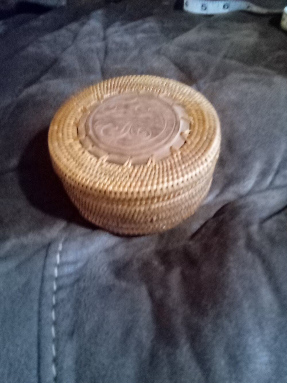 VintageTrinket Basket Indonesian Lombok Woven Oval Wood Carved Lid Natural 4x2